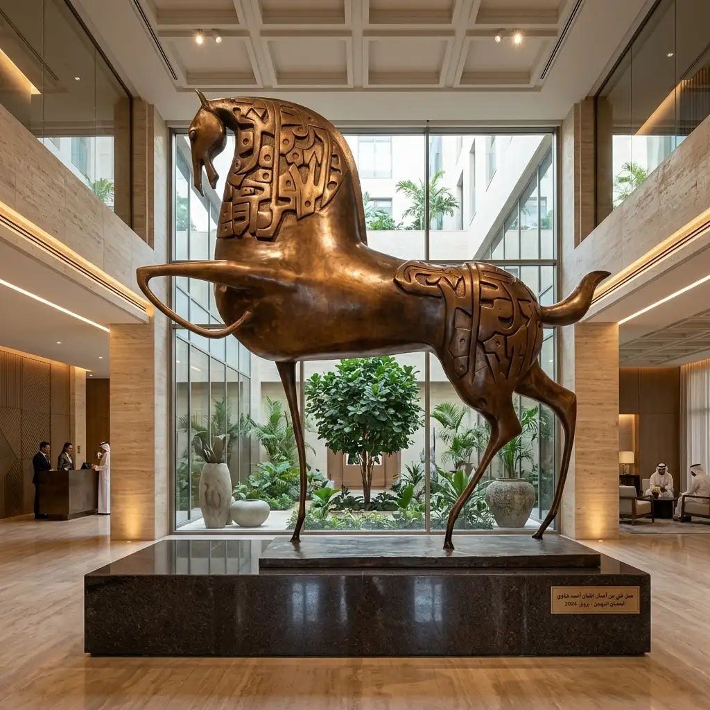 رؤية فنية 3: أحصنة معدنية ملوّنة وخط عربي في لوبي فندق | Vision 3: Colorful Metal Horses & Arabic Calligraphy in a Hotel Lobby