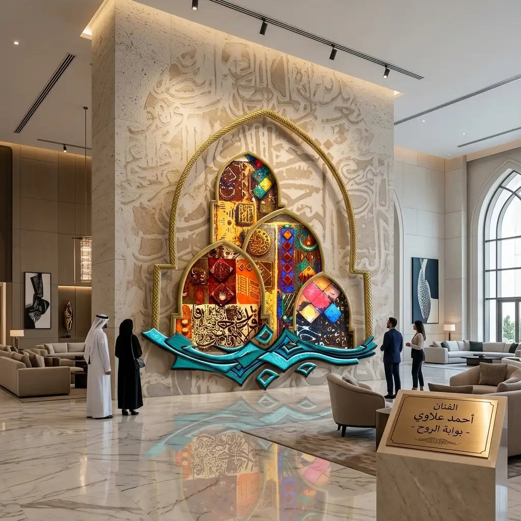 رؤية فنية 3: أحصنة معدنية ملوّنة وخط عربي في لوبي فندق | Vision 3: Colorful Metal Horses & Arabic Calligraphy in a Hotel Lobby