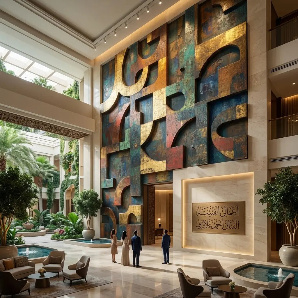 رؤية فنية 3: أحصنة معدنية ملوّنة وخط عربي في لوبي فندق | Vision 3: Colorful Metal Horses & Arabic Calligraphy in a Hotel Lobby