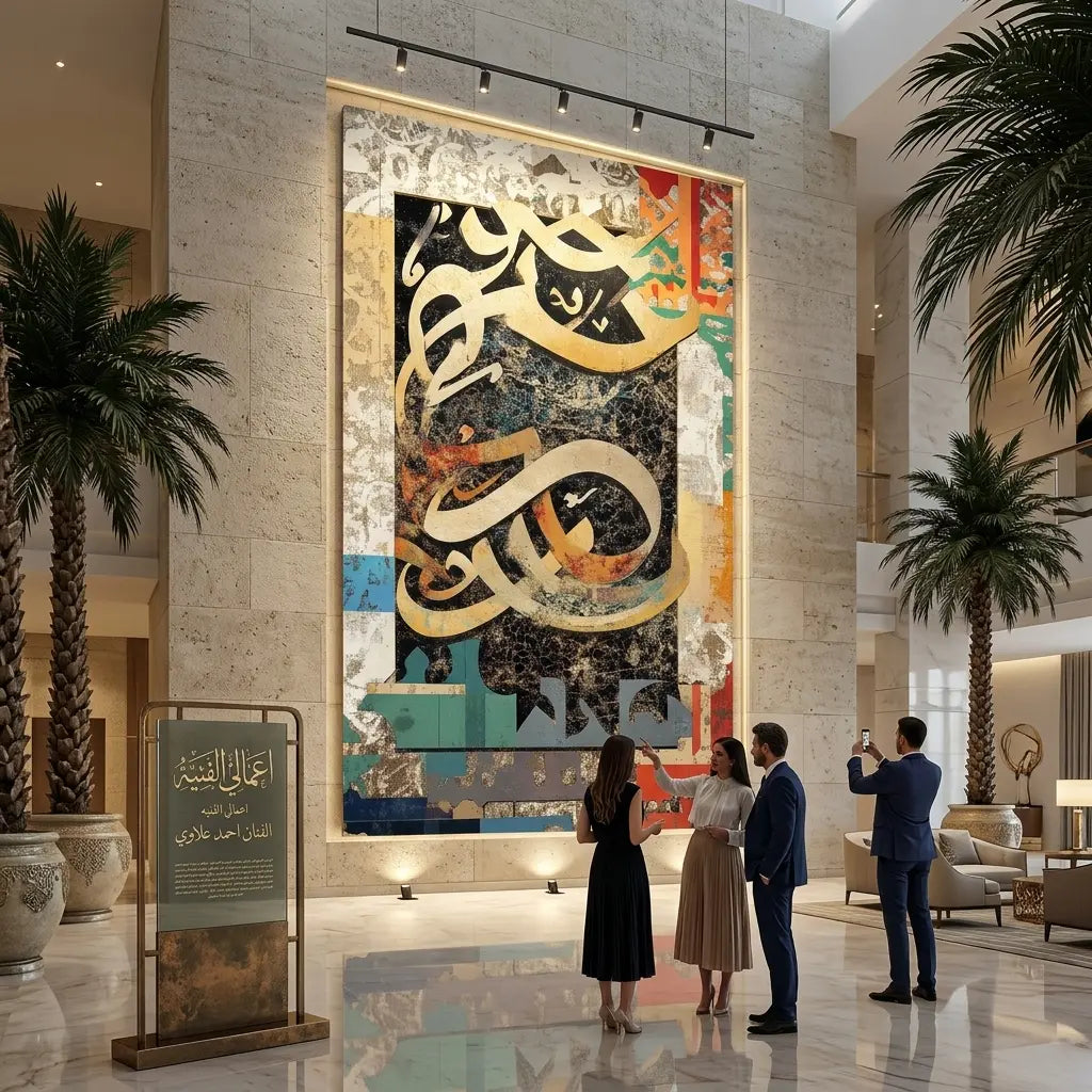رؤية فنية 3: أحصنة معدنية ملوّنة وخط عربي في لوبي فندق | Vision 3: Colorful Metal Horses & Arabic Calligraphy in a Hotel Lobby