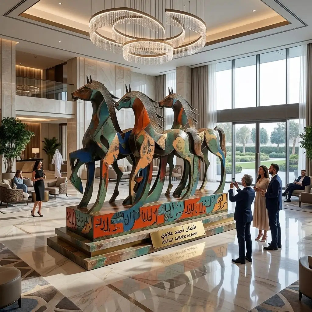 رؤية فنية 3: أحصنة معدنية ملوّنة وخط عربي في لوبي فندق | Vision 3: Colorful Metal Horses & Arabic Calligraphy in a Hotel Lobby