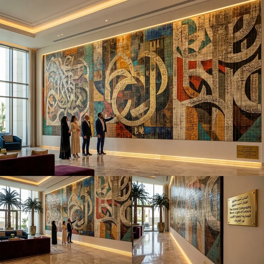 رؤية فنية 3: أحصنة معدنية ملوّنة وخط عربي في لوبي فندق | Vision 3: Colorful Metal Horses & Arabic Calligraphy in a Hotel Lobby