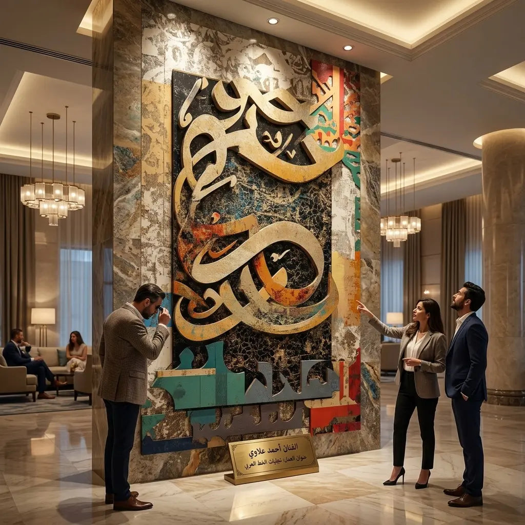 رؤية فنية 3: أحصنة معدنية ملوّنة وخط عربي في لوبي فندق | Vision 3: Colorful Metal Horses & Arabic Calligraphy in a Hotel Lobby