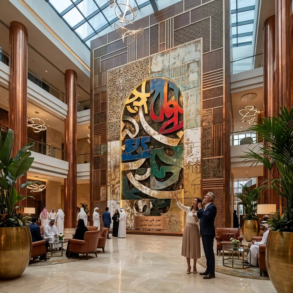 رؤية فنية 3: أحصنة معدنية ملوّنة وخط عربي في لوبي فندق | Vision 3: Colorful Metal Horses & Arabic Calligraphy in a Hotel Lobby