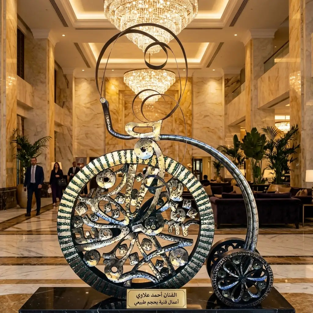 رؤية فنية 3: أحصنة معدنية ملوّنة وخط عربي في لوبي فندق | Vision 3: Colorful Metal Horses & Arabic Calligraphy in a Hotel Lobby