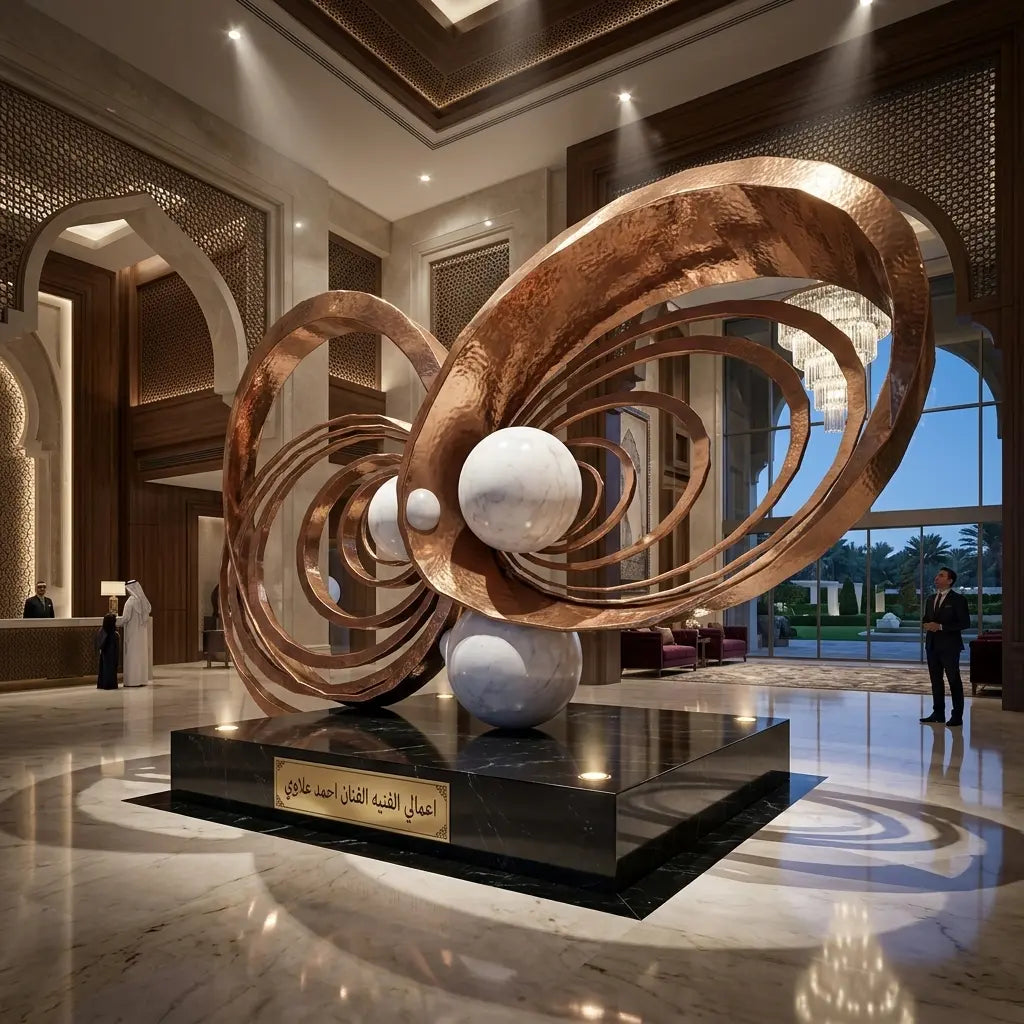 رؤية فنية 3: أحصنة معدنية ملوّنة وخط عربي في لوبي فندق | Vision 3: Colorful Metal Horses & Arabic Calligraphy in a Hotel Lobby