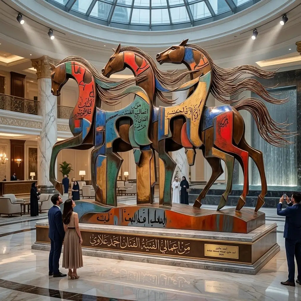 رؤية فنية 3: أحصنة معدنية ملوّنة وخط عربي في لوبي فندق | Vision 3: Colorful Metal Horses & Arabic Calligraphy in a Hotel Lobby