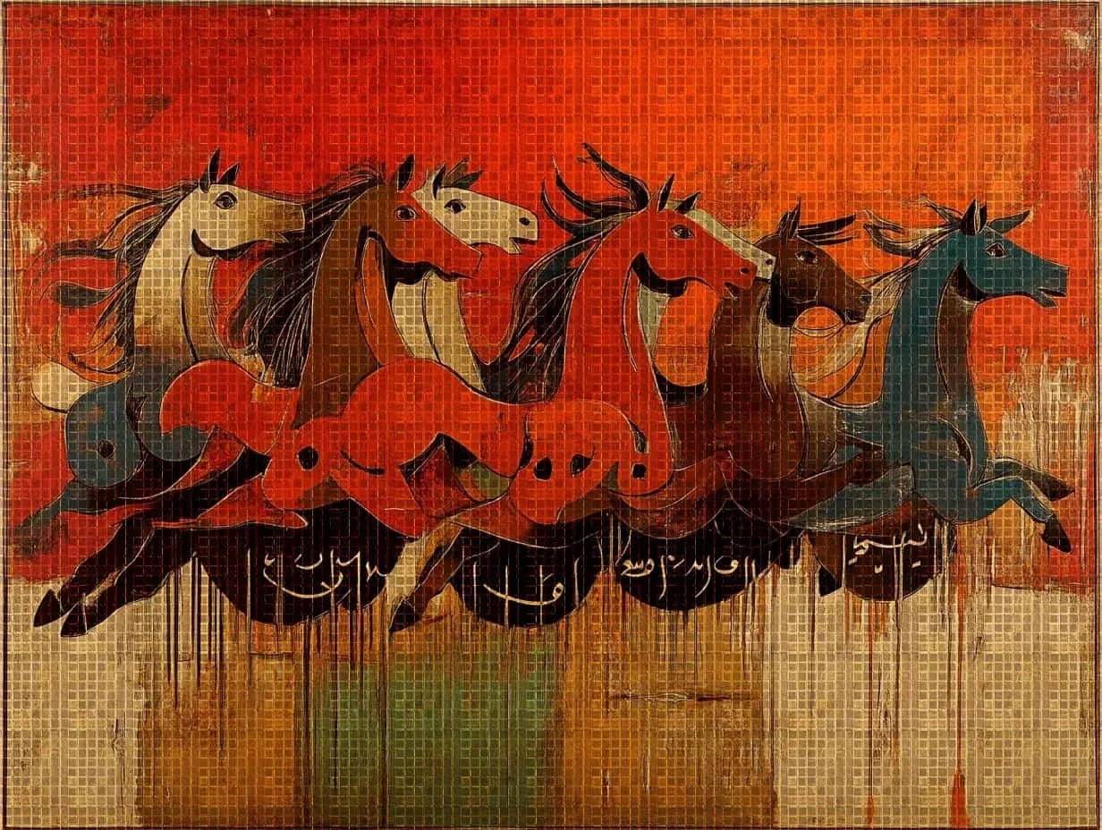Handwoven Art Carpet — Arabic Calligraphy & Horses | Luxury Islamic Decor | Ahmed Allawimy art AllawiJust Art Gallery