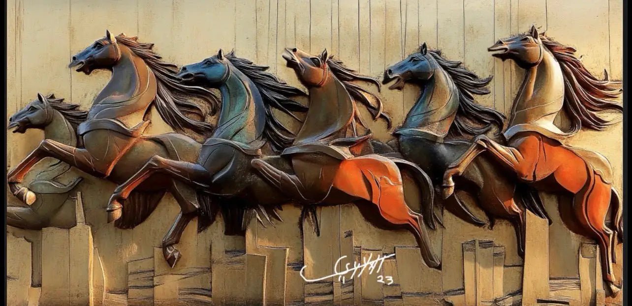 Handwoven Art Carpet — Arabic Calligraphy & Horses | Luxury Islamic Decor | Ahmed Allawimy art AllawiJust Art Gallery