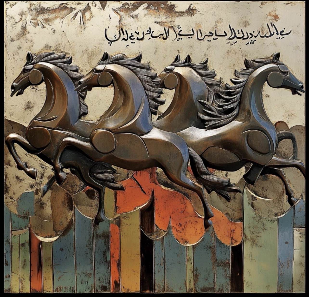 Handwoven Art Carpet — Arabic Calligraphy & Horses | Luxury Islamic Decor | Ahmed Allawimy art AllawiJust Art Gallery