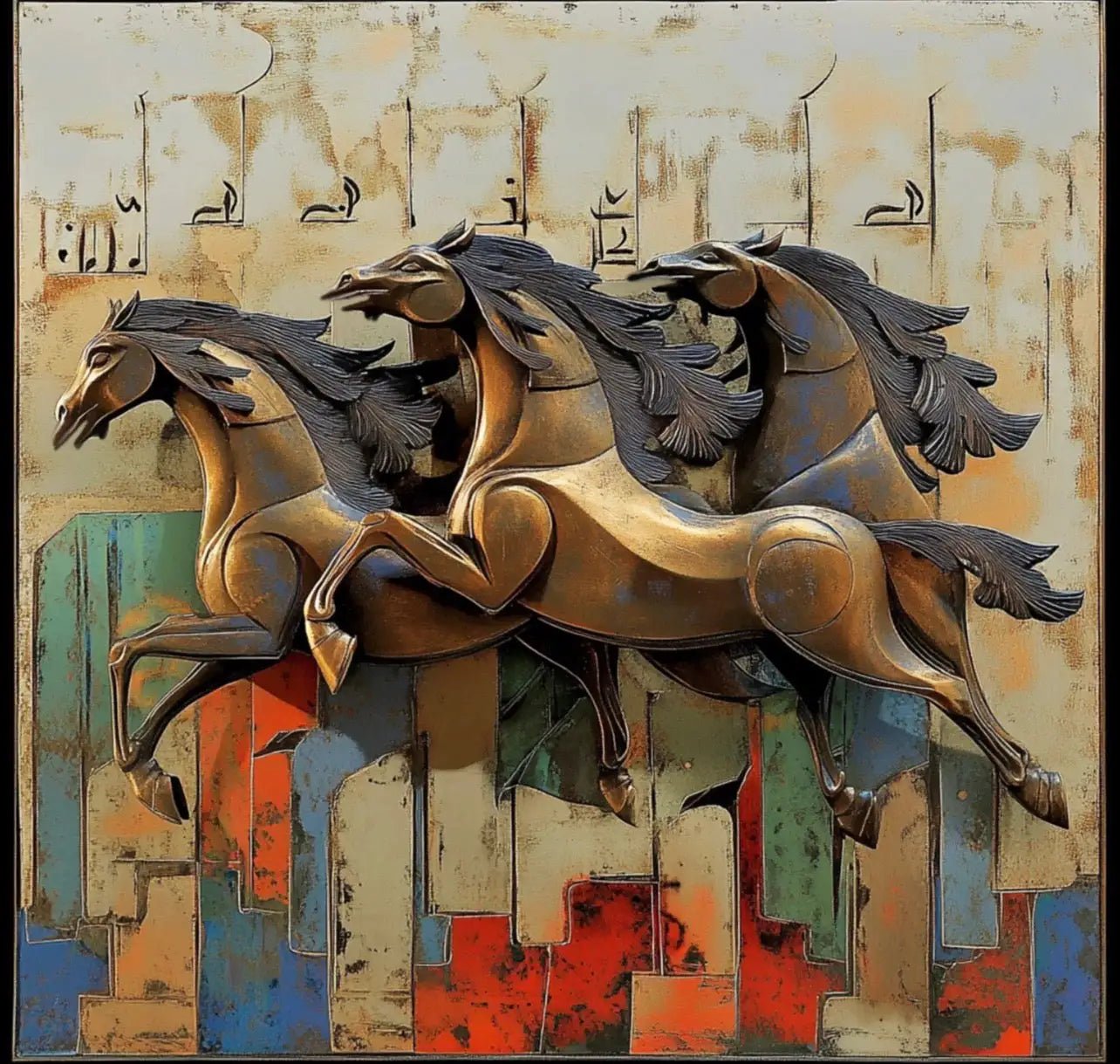 Handwoven Art Carpet — Arabic Calligraphy & Horses | Luxury Islamic Decor | Ahmed Allawimy art AllawiJust Art Gallery