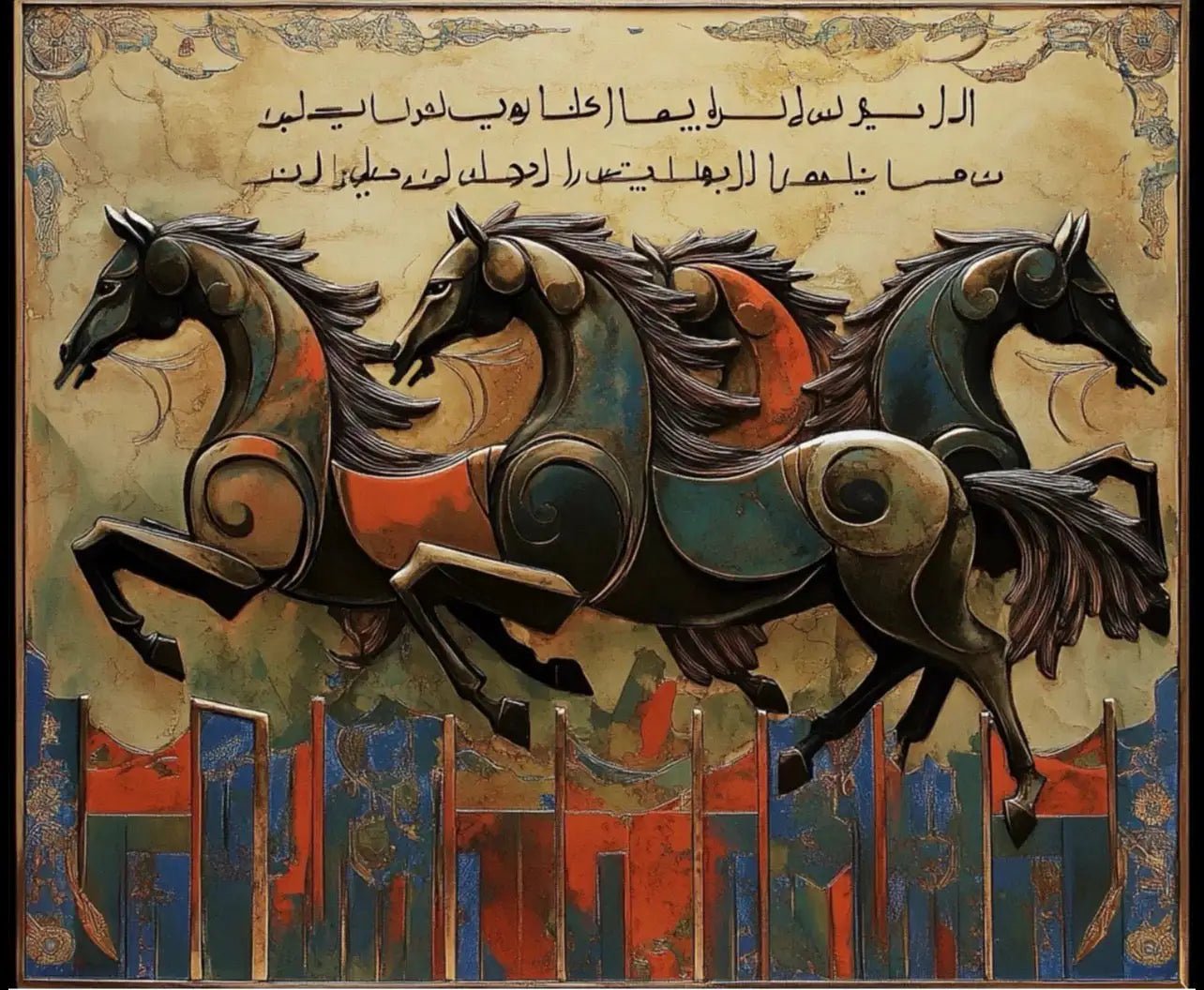 Handwoven Art Carpet — Arabic Calligraphy & Horses | Luxury Islamic Decor | Ahmed Allawimy art AllawiJust Art Gallery