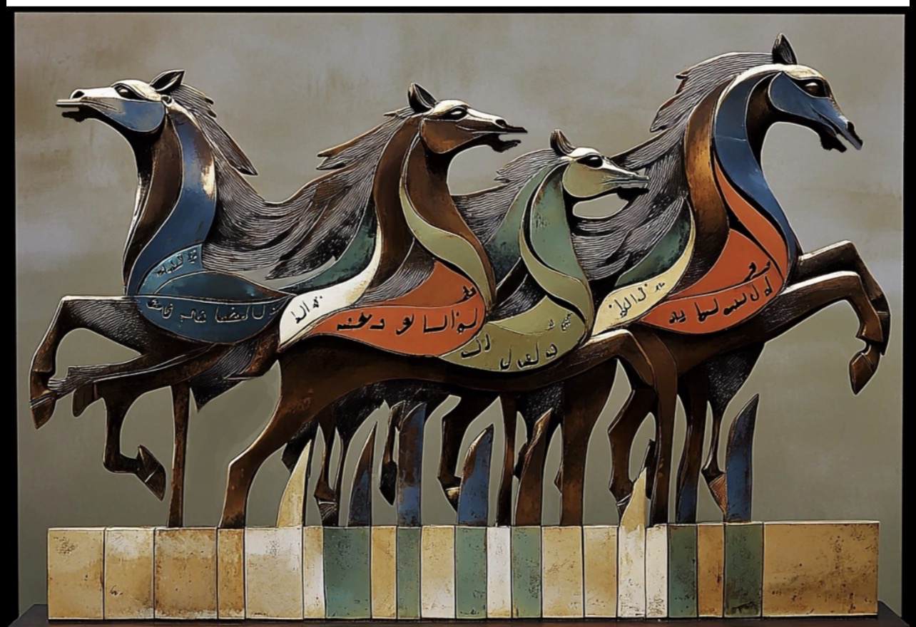 Handwoven Art Carpet — Arabic Calligraphy & Horses | Luxury Islamic Decor | Ahmed Allawimy art AllawiJust Art Gallery